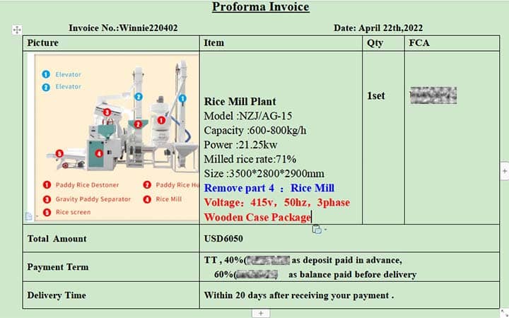 Rice mill plant invoice